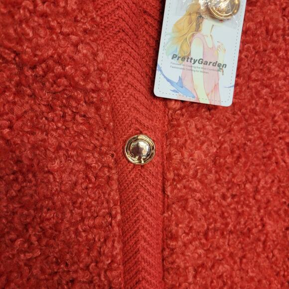 Pretty Garden Fuzzy Cardigan Womens M Red Button Front Faux Fur Shearling New - Picture 4 of 13
